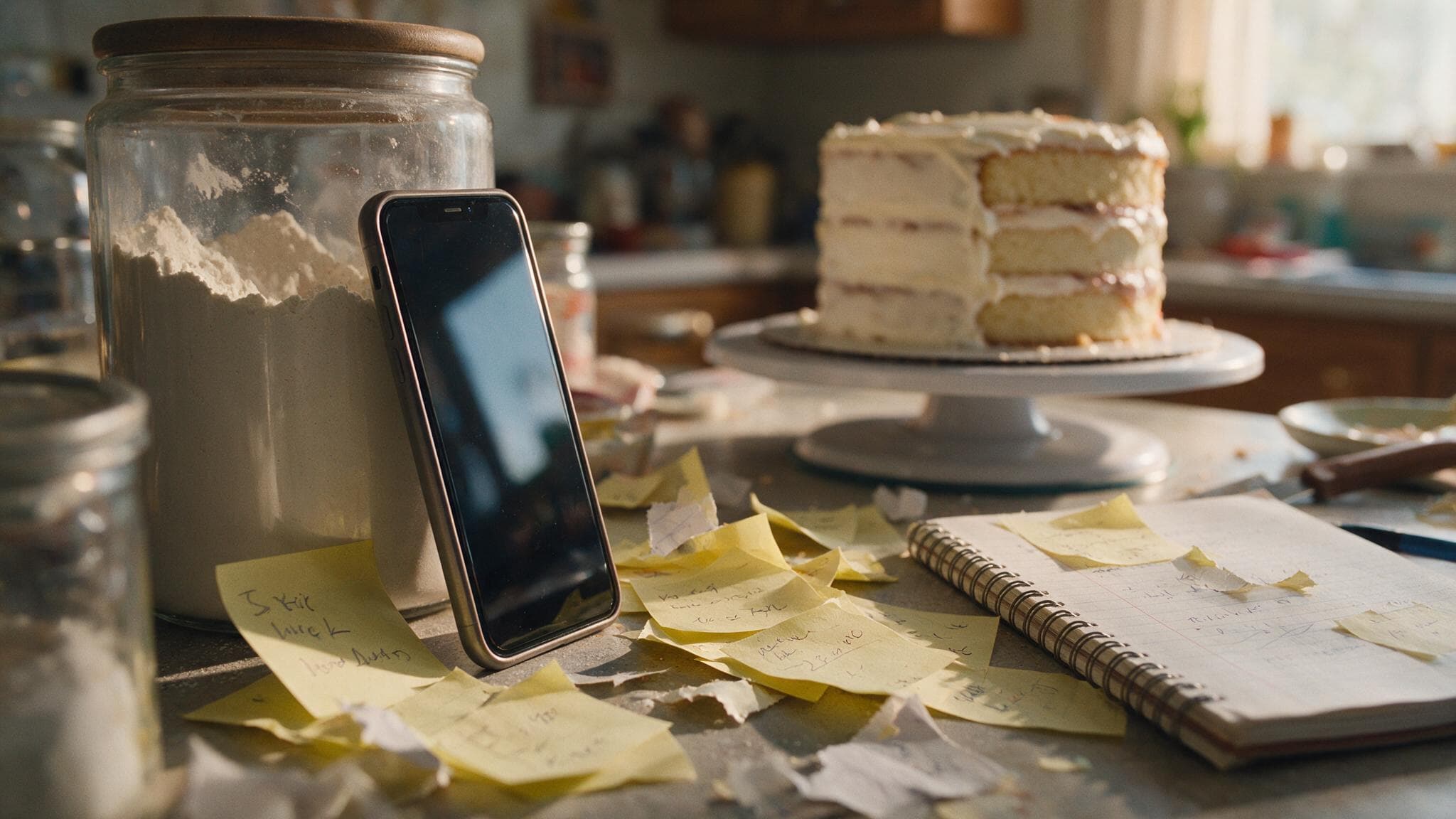 A home baking counter buried in handwritten sticky-note orders beside a phone and a half-frosted layer cake
