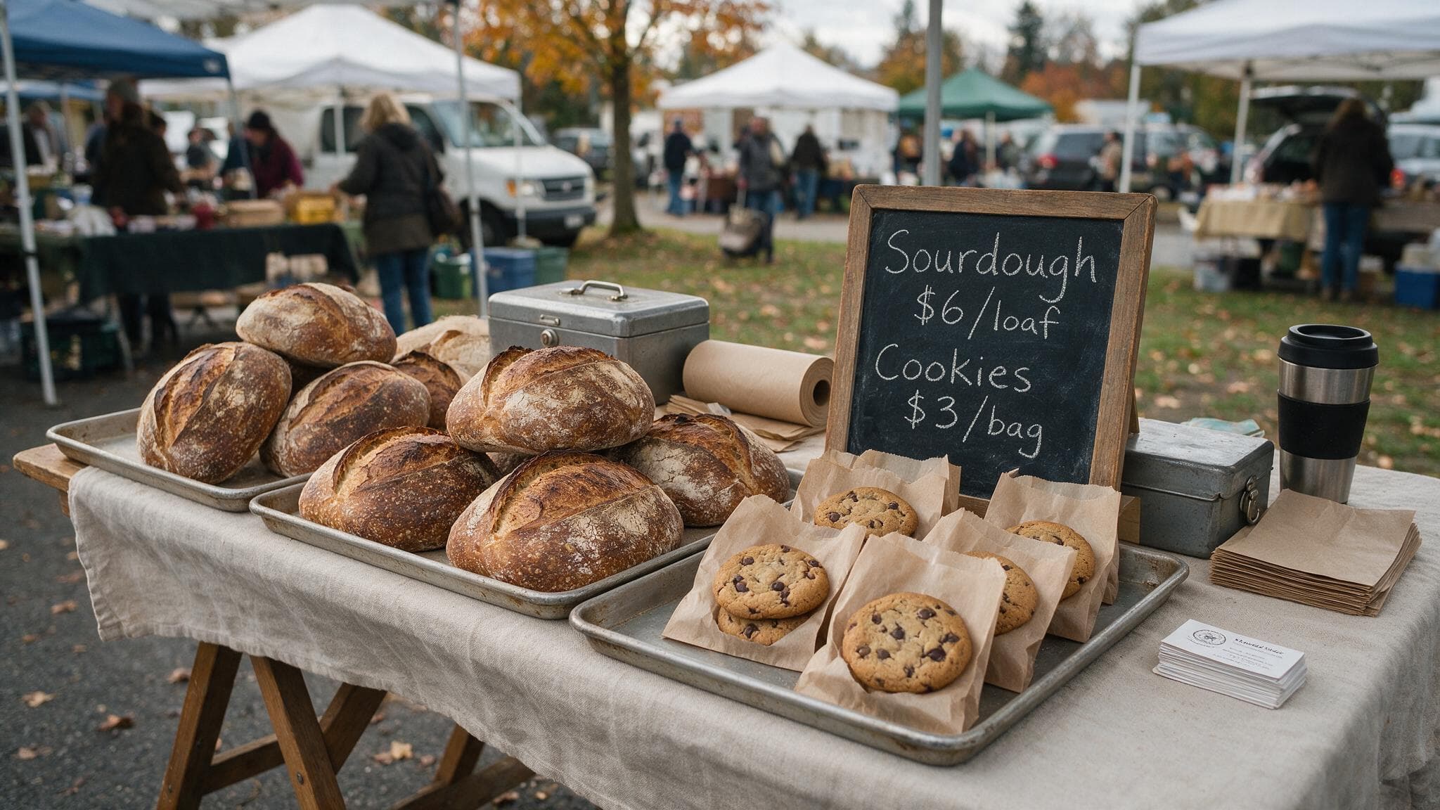 A home baker's farmers market stall with sourdough loaves, bagged cookies and a handwritten chalkboard price sign
